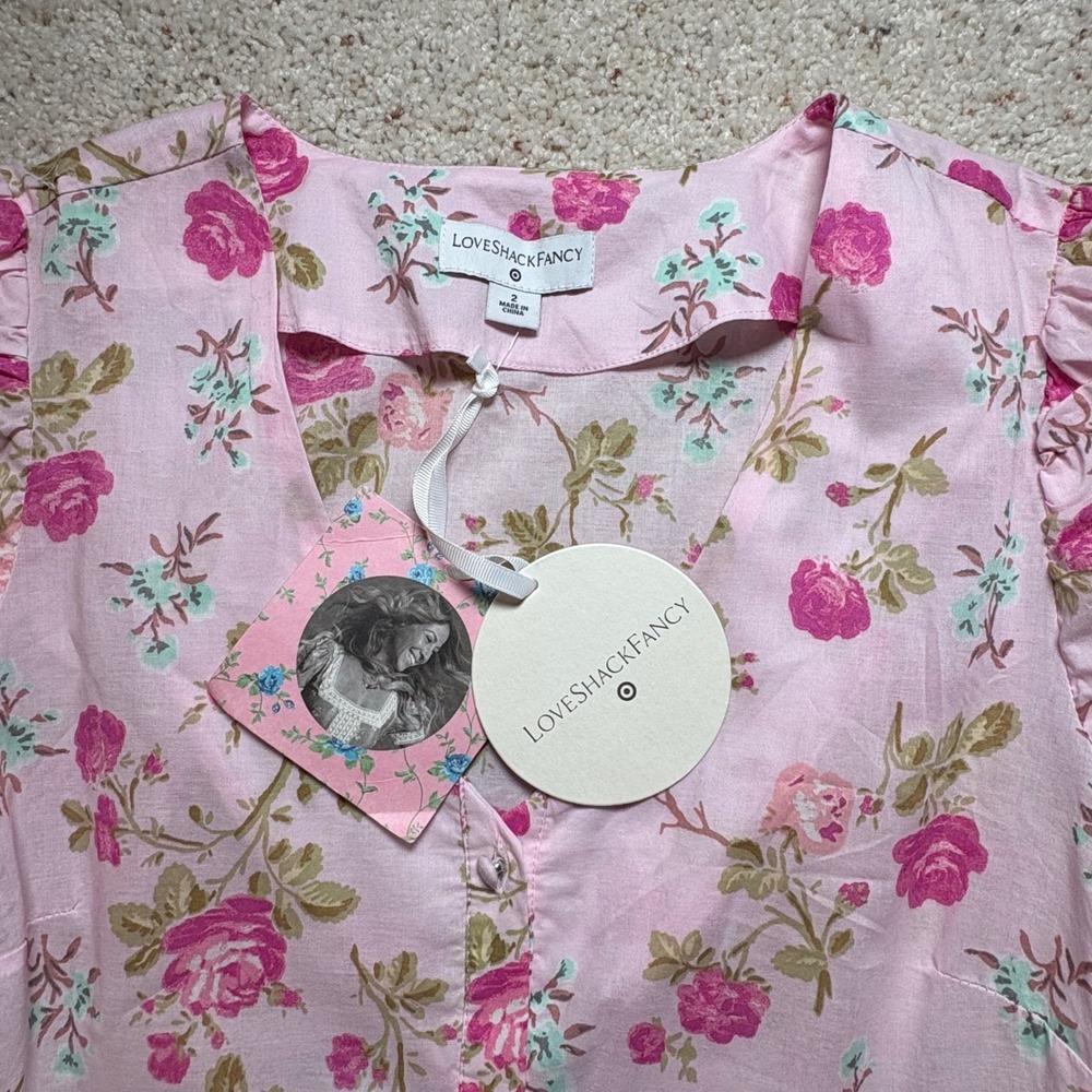 LoveShackFancy x Target Pink Floral Midi Dress Puff Sleeve Cottagecore sz 2 NWT - Picture 5 of 11